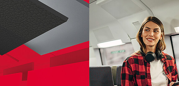 Halbierte Komposition: links eine Nahaufnahme von Kunststoffplatten an der Decke eines Fahrzeugs, rechts eine junge Frau im modernen Zuginterieur.