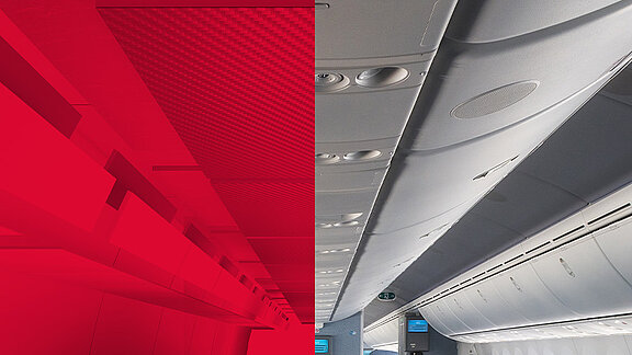 Geteilte Bildkomposition: Links rote Kunststoffplatten, rechts die Innenverkleidung einer Flugzeugdecke mit Gepäckfächern.