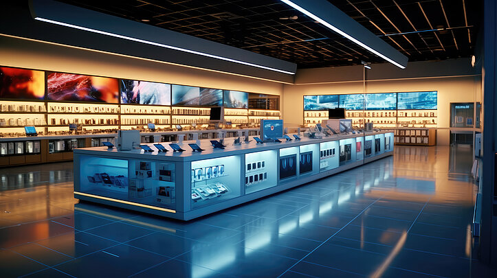 Modern gestalteter Elektronik-Shop mit beleuchteten Verkaufsdisplays aus dem Kunststoffprodukt SIMOPOR. Die Displays präsentieren Tablets, Smartphones und Zubehör, umgeben von großformatigen Bildschirmen an den Wänden.