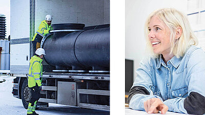Drei SIMONA Stadpipe Mitarbeiter in Schutzkleidung am Meer, dazu Szenen mit Rohrtransport und Bürogespräch – Engineering-Kompetenz für Aquakultur.