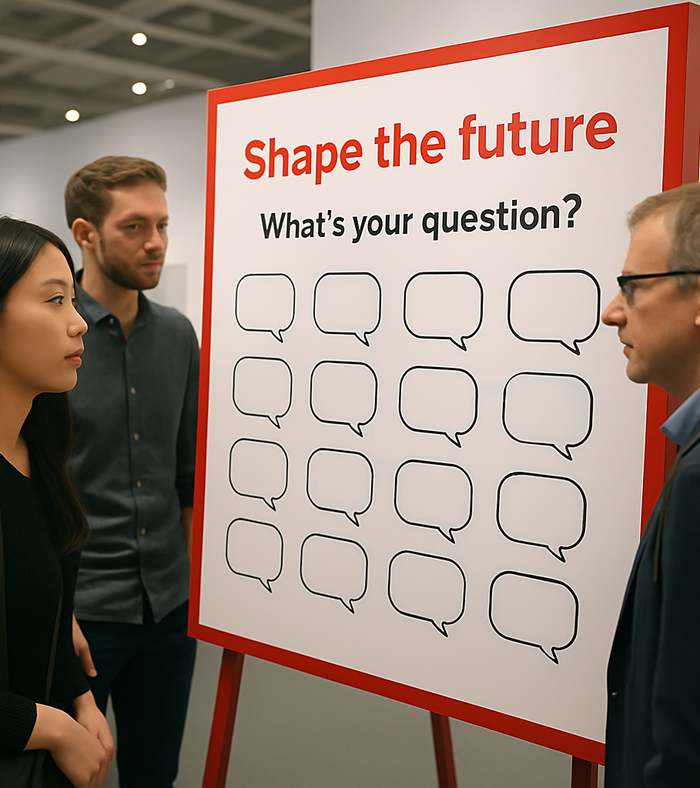 Drei Personen betrachten eine Tafel mit der Aufschrift ‚Shape the future – What’s your question?‘ und leeren Sprechblasenfeldern.