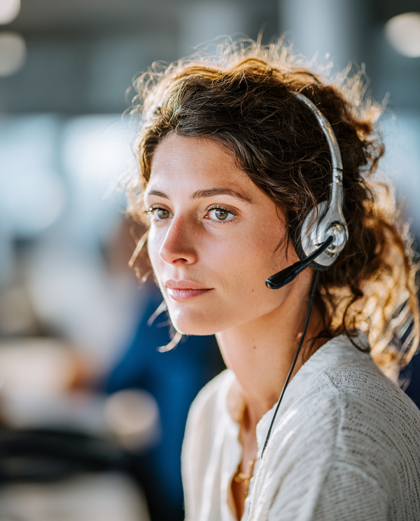 Junge Frau mit Headset arbeitet konzentriert im Kundenservice.