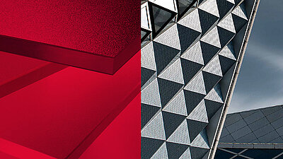 Split image composition: On the left, red plastic sheets with a matte surface; on the right, a modern façade of silver triangular plastic elements with integrated windows.