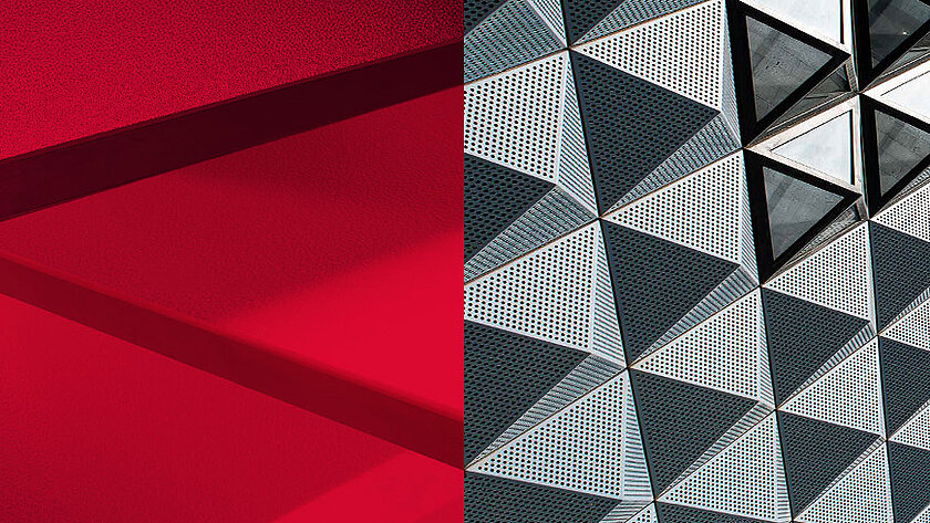 Geteilte Bildkomposition: Links rote Kunststoffplatten mit matter Oberfläche, rechts eine moderne Fassade aus silbernen, dreieckigen Kunststoff-Elementen mit integrierten Fenstern.