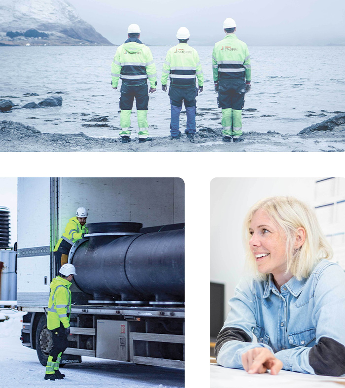 Drei SIMONA Stadpipe Mitarbeiter in Schutzkleidung am Meer, dazu Szenen mit Rohrtransport und Bürogespräch – Engineering-Kompetenz für Aquakultur.